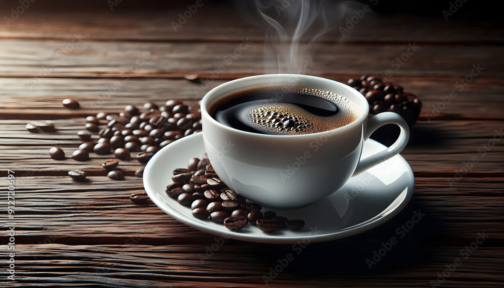 Fototapeta premium Strong black coffee surrounded by roasted and ground coffee beans