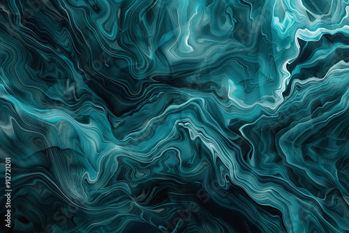 Abstract Teal and Black Fluid Art with Wave-like Patterns