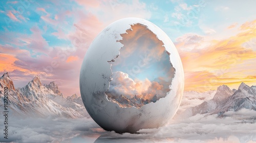 A giant, cracked egg rests in a snowy mountain landscape, with a glowing light emanating from its interior. The sky above is a vibrant mix of pink, blue, and orange.