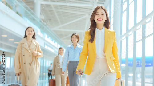 Businesswoman walking by colleagues greeting in corridor at airport