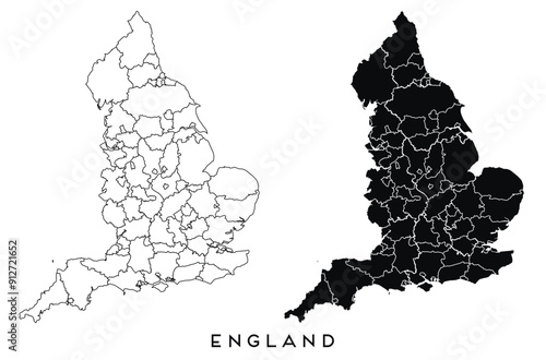 England map of regions districts vector black on white and outline