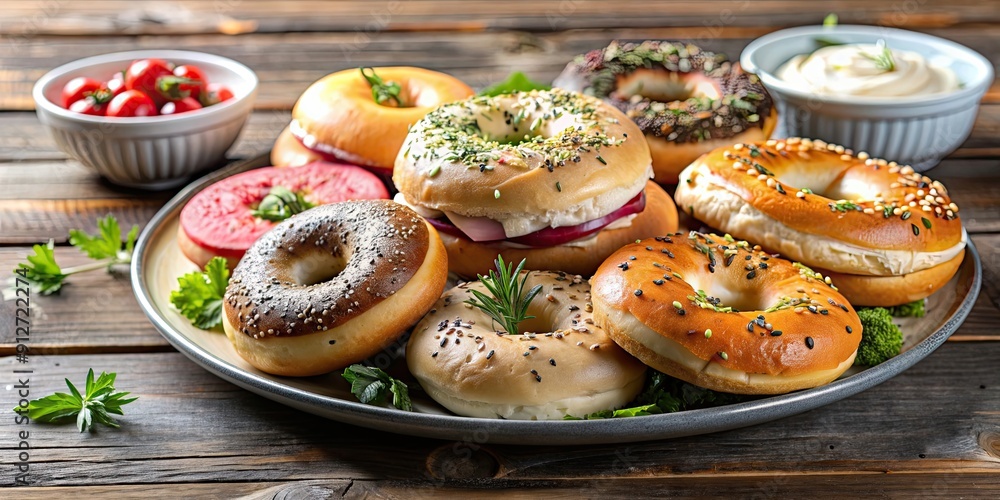 Freshly baked bagels with various toppings , bagels, bread, bakery, food, breakfast Freshly baked bagels with various toppings , bagels, bread, bakery, food, breakfast