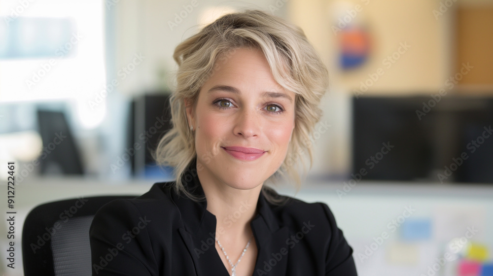 Caucasian businesswoman smiling in office Caucasian businesswoman smiling in office