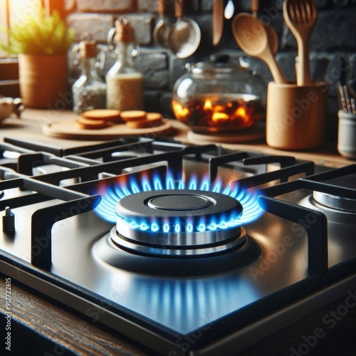 Gas stove burner lit with blue flame in kitchen photo