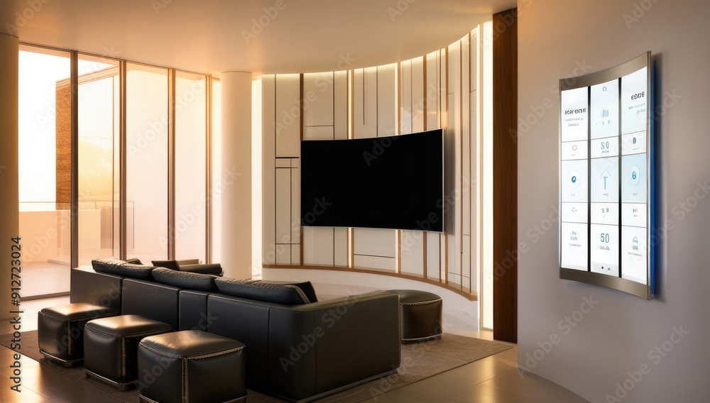 Fototapeta premium Modern smart home interior with sleek lines, minimalist design, wall-mounted control panel, and leather seating.