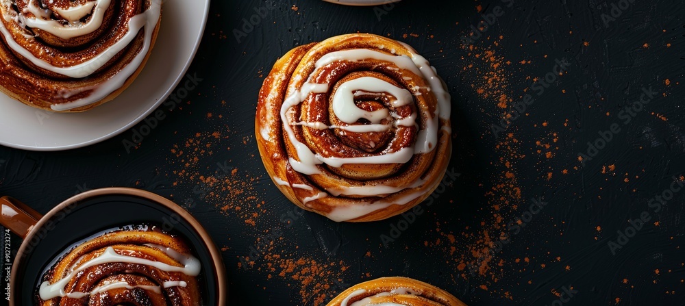 A plate of cinnamon rolls with a white glaze A plate of cinnamon rolls with a white glaze