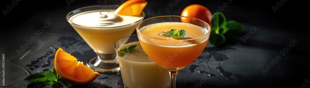 Elegant cocktails with fresh ingredients, garnished with citrus, perfect for a celebration or a refreshing evening. Elegant cocktails with fresh ingredients, garnished with citrus, perfect for a celebration or a refreshing evening.