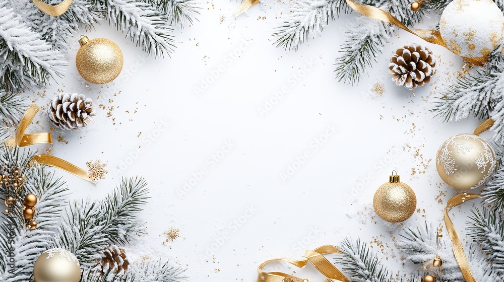 A white background with a gold ribbon and a bunch of Christmas decorations A white background with a gold ribbon and a bunch of Christmas decorations