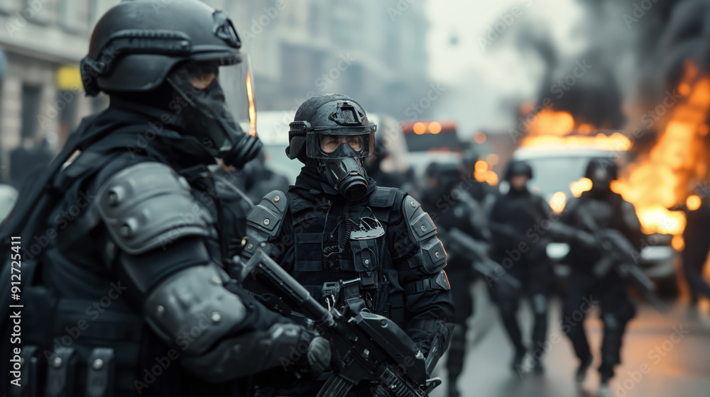 Armed riot police officers in protective gear and gas masks standing in a street with fire and smoke in the background during a chaotic scene. Armed riot police officers in protective gear and gas masks standing in a street with fire and smoke in the background during a chaotic scene.