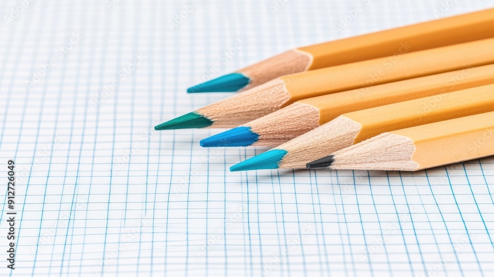Obraz premium Colorful pencils are arranged in a row beside a sheet filled with grid-like geometric patterns during bright daylight
