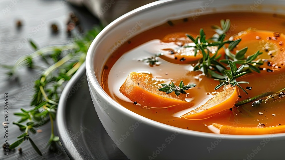 Delicious bowl of creamy soup garnished with fresh herbs, showcasing vibrant colors and comforting textures. Delicious bowl of creamy soup garnished with fresh herbs, showcasing vibrant colors and comforting textures.