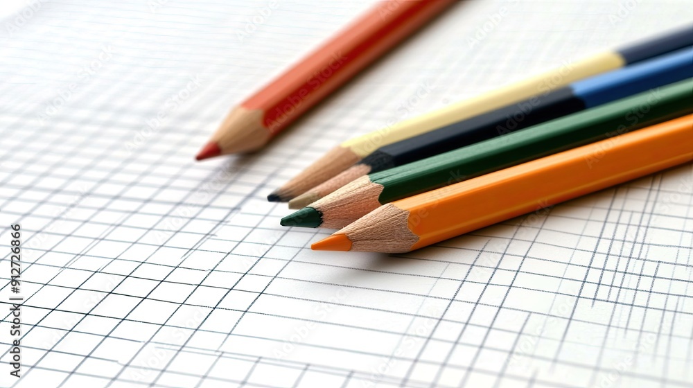Colorful pencils are arranged in a row beside a sheet filled with grid-like geometric patterns during bright daylight. Colorful pencils are arranged in a row beside a sheet filled with grid-like geometric patterns during bright daylight.
