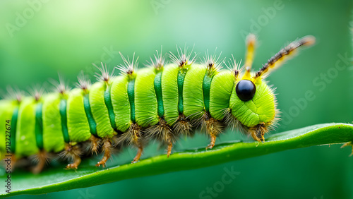 A green caterpillar is on a leaf