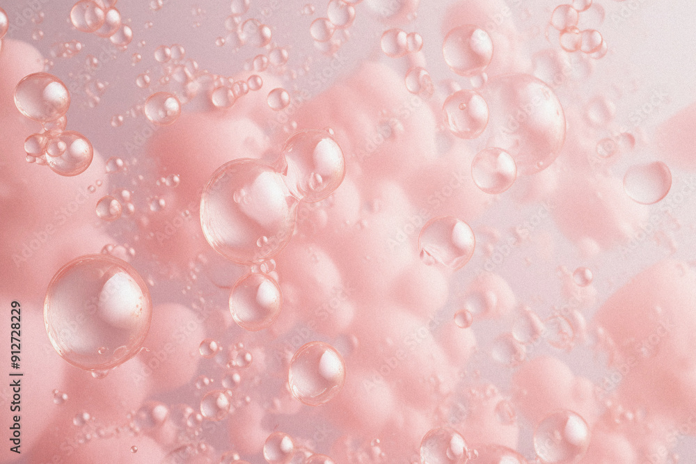 Pink water bubble background. Collagen soap skin serum abstract texture. Transparent circle liquid cosmetic dreamy sky backdrop