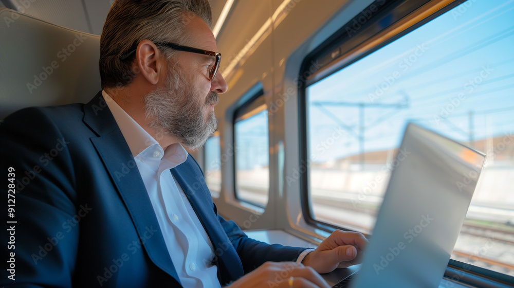 Handsome middle age businessman using his laptop computer while traveling with high-speed train. Modern and fast travel concept. Handsome middle age businessman using his laptop computer while traveling with high-speed train. Modern and fast travel concept.
