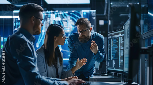 professional technical security researchers are standing in front of a computer screen at an office desk and talking to each other 