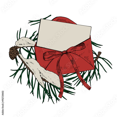 Letter to Santa Claus. Vector outline illustration. Hand drawn holiday red envelope with fir branch. Vintage xmas line art. Christmas card drawing on transparent background. For inscriptions or text