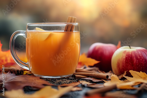 Hot Apple Cider with Cinnamon in Autumn Ambiance   photo