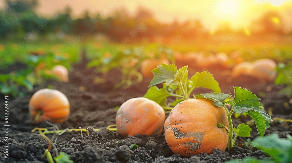 Obraz premium Rustic rural field at sunset with a bountiful harvest of ripe pumpkins for autumn season