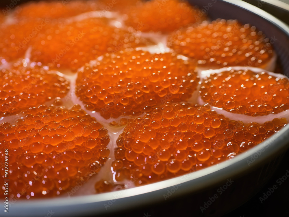 Freshly Harvested Orange Salmon Roe in Yellow Containers, Shining with a Lustrous Glow in a Clean Kitchen Setting Freshly Harvested Orange Salmon Roe in Yellow Containers, Shining with a Lustrous Glow in a Clean Kitchen Setting