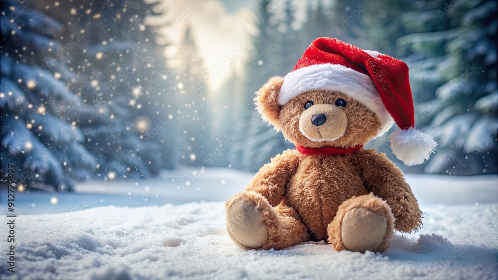 Teddy bear wearing Santa hat sitting in snowy landscape, Teddy bear, Santa hat, snowy, landscape, winter, holiday, cute, fluffy Teddy bear wearing Santa hat sitting in snowy landscape, Teddy bear, Santa hat, snowy, landscape, winter, holiday, cute, fluffy