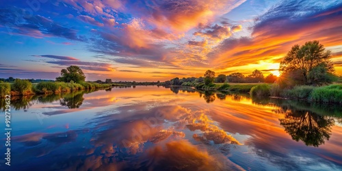 Sunset on the tranquil river with reflections of colorful sky , sunset, river, water, nature, evening, dusk, reflection