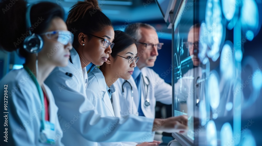 Team of medical professionals analyzing brain scans on transparent digital screen