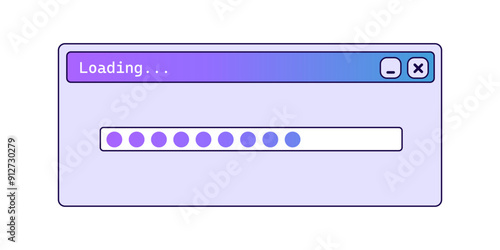 Old loading bar window with gradient in purple color. Downloading files pop up in vintage style.