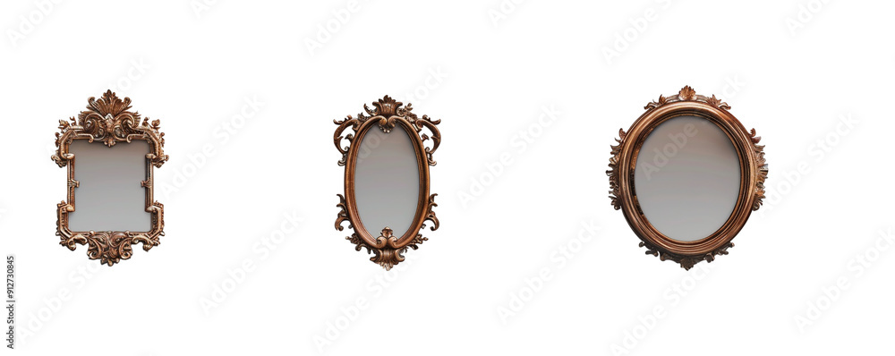 Antique decorative carved design wall mirror set isolated on white background. Generative AI Antique decorative carved design wall mirror set isolated on white background. Generative AI