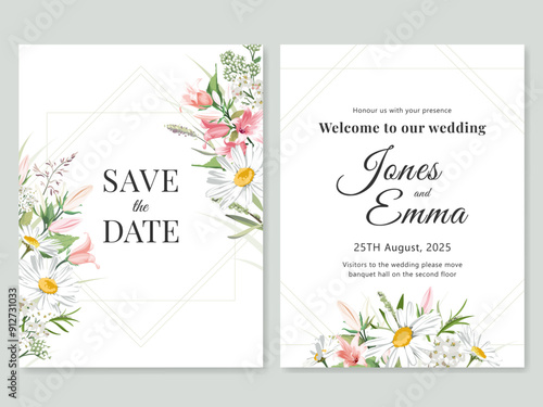 Wedding invitation cards. Frame with text, flowers and grass isolated on the white background. Colorful hand drawn bouquet with wildflowers.
