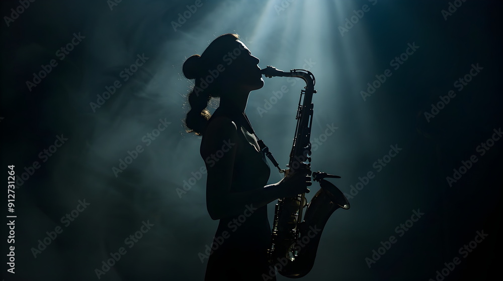 Obraz premium woman while Looking up, silhouette costume style of American folk, playing solo Musical instrument likes a saxophone , on a tone of dark background, on a stage