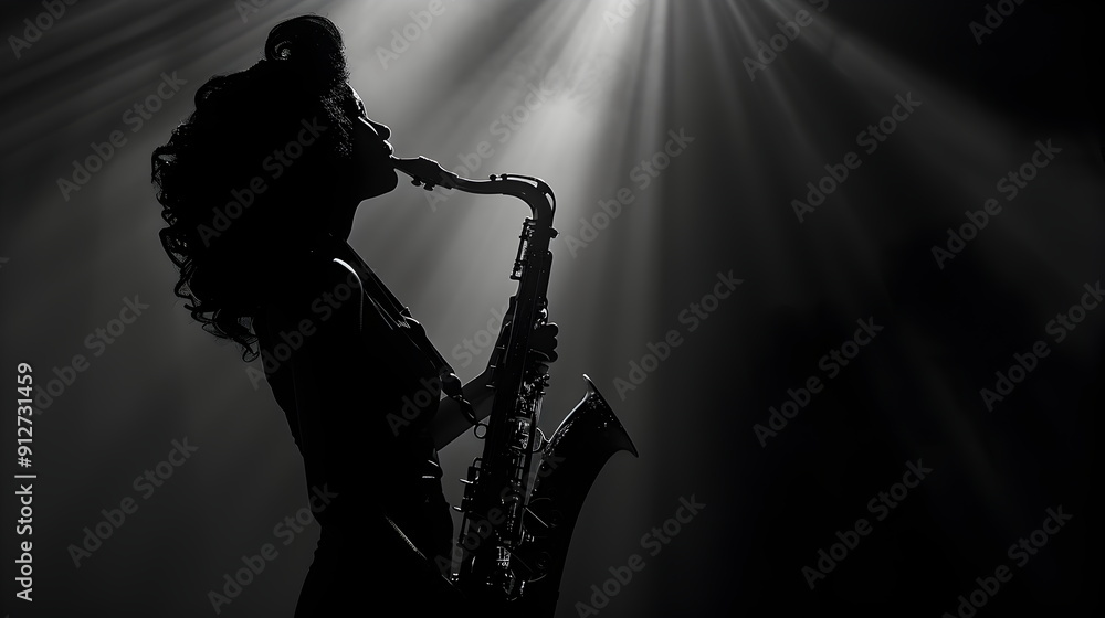 Obraz premium woman while Looking up, silhouette costume style of American folk, playing solo Musical instrument likes a saxophone , on a tone of dark background, on a stage