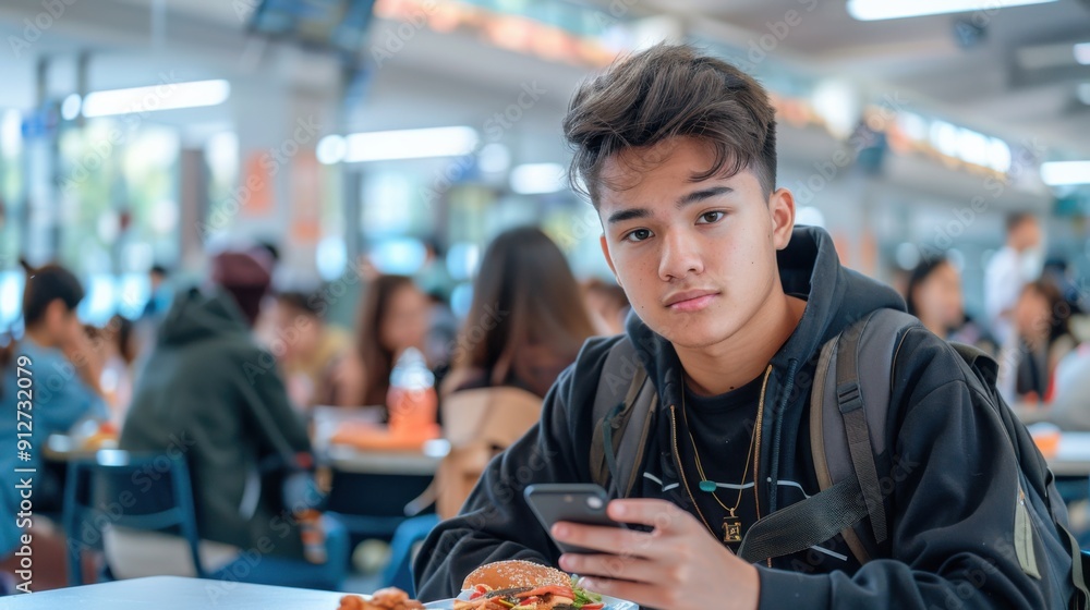 custom made wallpaper toronto digitalTeenager Enjoying Meal with Smartphone in a Busy School Cafeteria - Youth Lifestyle, Social Media, Education. Generative ai