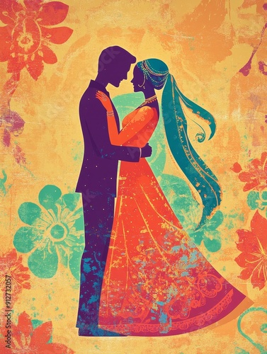 Indian Couple In Love, Romantic Wedding Illustration - A romantic illustration of an Indian couple embracing each other, symbolizing love, commitment, unity, and tradition. The vibrant colors and intr photo