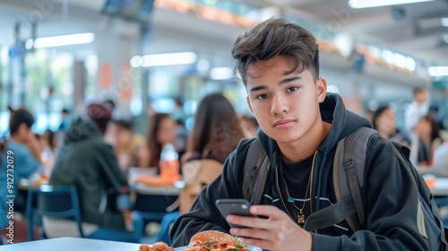 Wallpaper Mural Teenager Enjoying Meal with Smartphone in a Busy School Cafeteria - Youth Lifestyle, Social Media, Education. Generative ai Torontodigital.ca