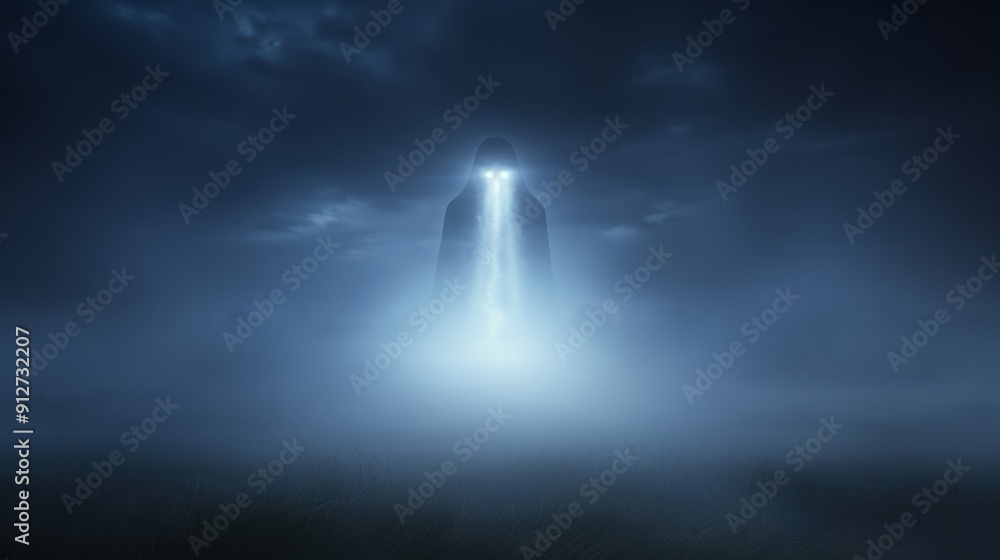 An ethereal figure with glowing eyes, hovering above the roof of the abandoned cabin in the haunted forest An ethereal figure with glowing eyes, hovering above the roof of the abandoned cabin in the haunted forest