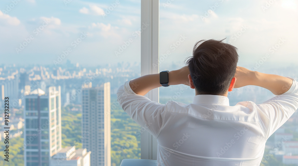 Life-work balance and city living lifestyle concept of business man relaxing, take it easy in office or hotel room resting with thoughtful mind thinking of life quality looking forward to cityscape Life-work balance and city living lifestyle concept of business man relaxing, take it easy in office or hotel room resting with thoughtful mind thinking of life quality looking forward to cityscape