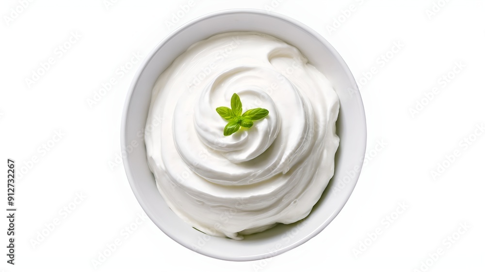 fresh greek yogurt, Swirl of sour cream in bowl isolated on white background with clipping path, fresh greek yogurt, Swirl of sour cream in bowl isolated on white background with clipping path,