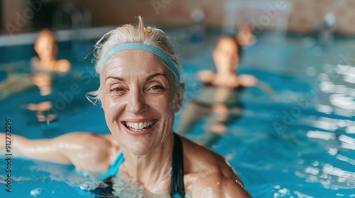 Smiling Senior Woman Enjoying Aqua Aerobics photo