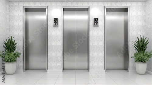 Wallpaper Mural A sleek elevator lobby features three stainless steel elevators flanked by green potted plants in a contemporary building. Torontodigital.ca