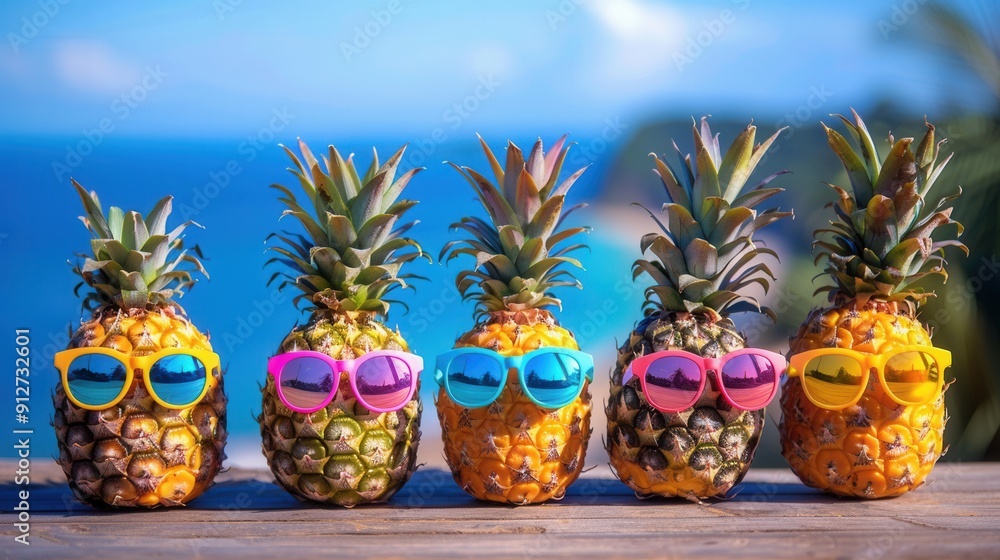 Fresh pineapple with sunglasses with tropical sea beach Fresh pineapple with sunglasses with tropical sea beach