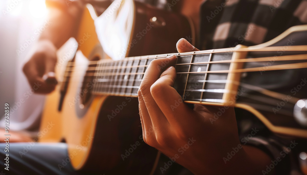Fototapeta premium Close up of male hands playing an acoustic guitar, guitar country festival concept