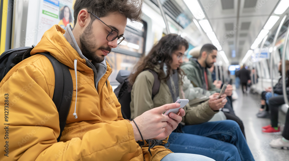 © niwat - Male and female passengers using mobile phone in a metro