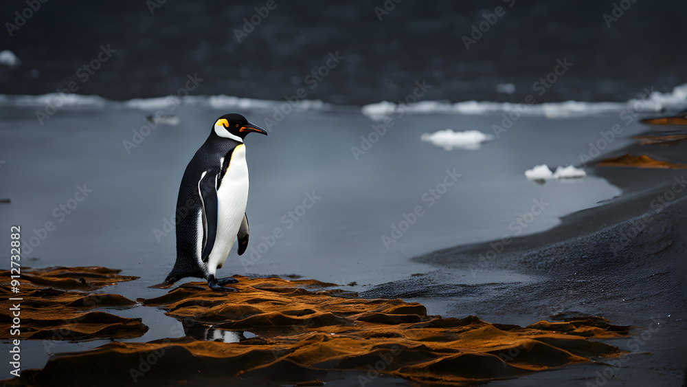 Obraz premium A penguin stands on a beach near the water