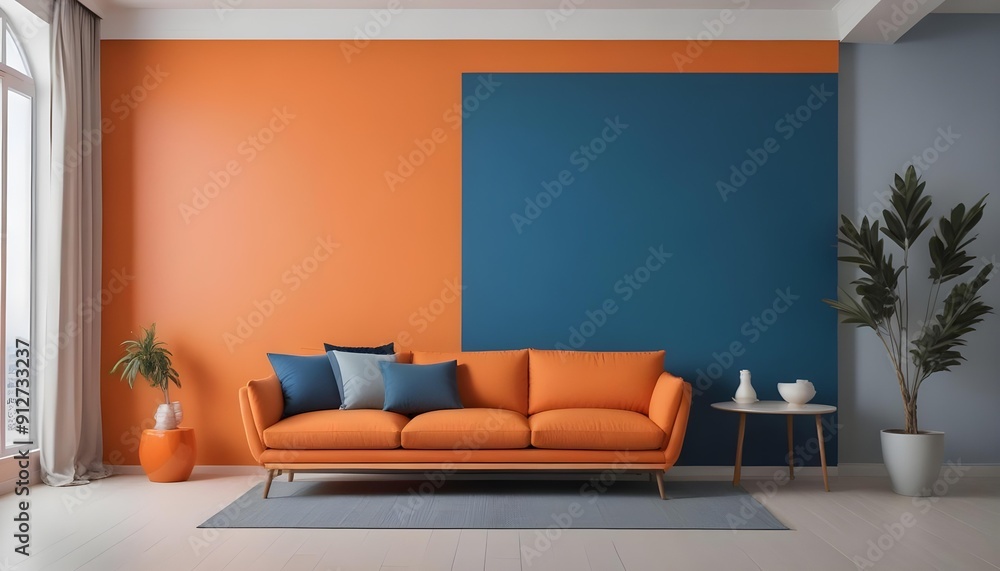 Fototapeta premium An orange sofa with blue and gray throw pillows in a room with an orange wall and a large blue wall