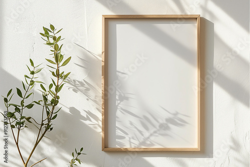 One frame on wall mockup blank poster. Wooden frame mock up empty print background. Wood picture frame in room. Gallery design realistic modern interior