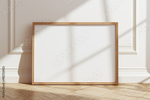Fototapeta Naklejka Na Ścianę i Meble -  One frame on floor mockup blank poster. Wooden frame mock up empty print background. Wood picture frame in room. Gallery design realistic modern interior