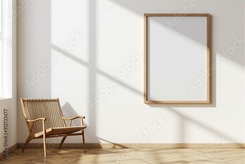 Frame wall mockup room interior design with rattan armchair. Modern home picture, white design background poster, blank photo. Wooden empty scandinavian house mock up. Rustic indoor frame image