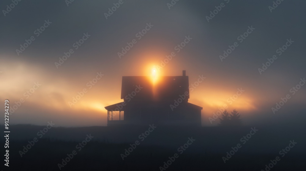 An ethereal figure with glowing eyes, hovering above the roof of the abandoned cabin in the haunted forest An ethereal figure with glowing eyes, hovering above the roof of the abandoned cabin in the haunted forest