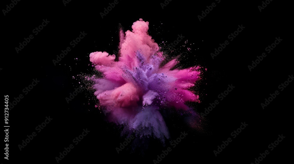 Dynamic burst of vibrant pink and purple powders against a black background, capturing a dramatic and colorful explosion. Dynamic burst of vibrant pink and purple powders against a black background, capturing a dramatic and colorful explosion.